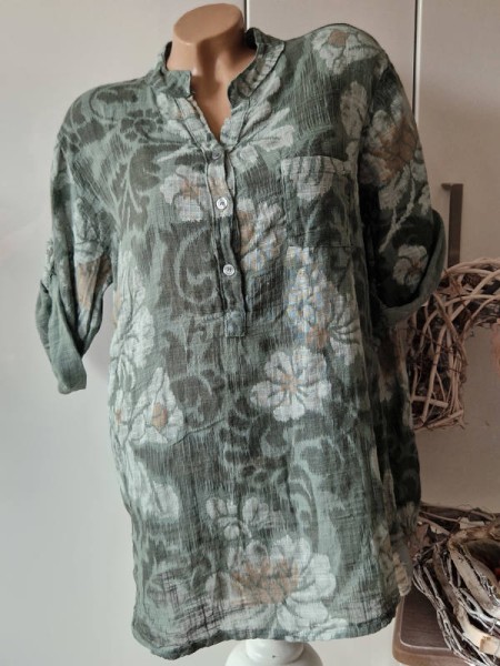 Bluse gemustert Tunika 40-44 oliv gemustert Made in Italy Fischerhemd Musselinoptik