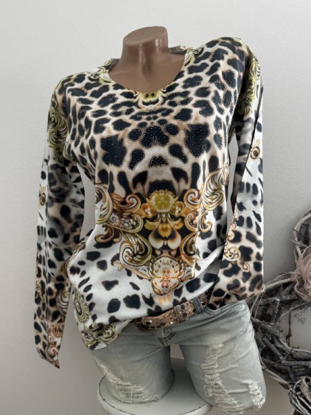 MISSY Pulli Pullover L/XL 40 42 Neu Glitzer Nieten Leo Ornamente schwarz grün gemustert