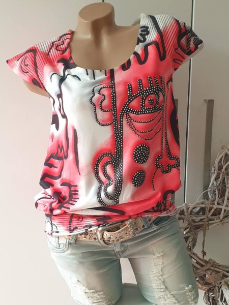 MISSY Tunika Shirt S 36 Neu corallenrot bunt Print Ausbrenner breites Bündchen Glitzernieten