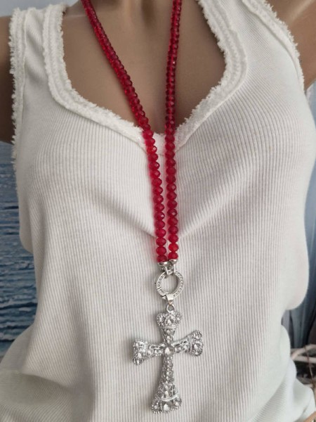 Glasperlen Halskette Kette Strass Strass Kreuz "WECHSELANHÄNGER" lang rot Glitzer Glitzer