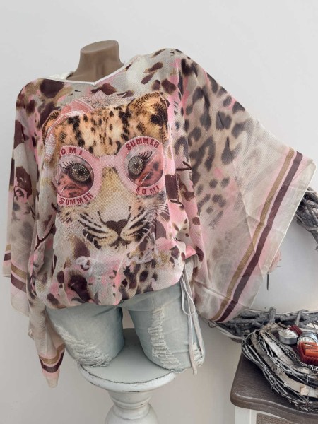 MISSY Chiffon Onesize 38-46 Tunika Tiger mit rosa Summer Brille sehr weite Ärmel Bund seitlich Saume