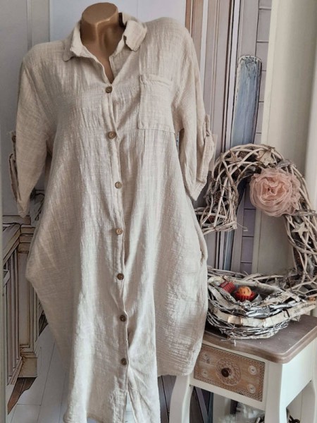 Hemdblusenkleid Kleid mit Taschen Made in Italy beige Musselin Baumwolle 38-42