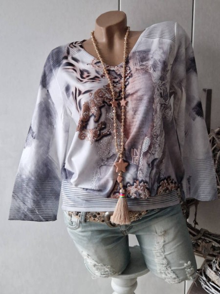 V-Neck XL 42 Tunika MISSY Bluse Shirt 3/4 Ausbrenner Bund stretchig Glitzer Nieten Neu