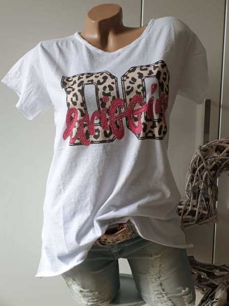 T-Shirt Shirt Graffiti pink Leo Print 36-40 Tunika Made in Italy Neu Glitzer Nieten