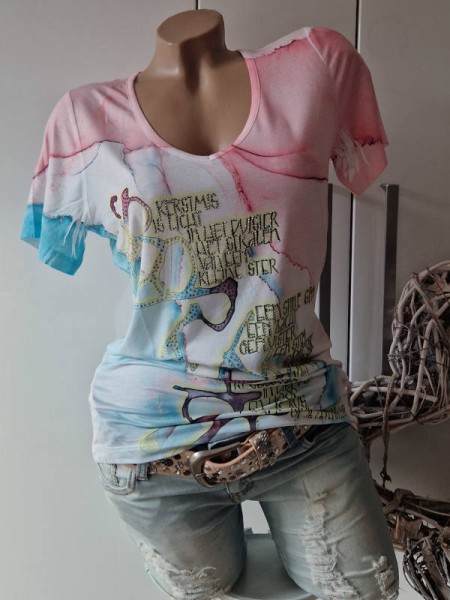 T-Shirt V-Neck hellblau rosè Glitzer MISSY M 38 Nieten Tunika Shirt NEU