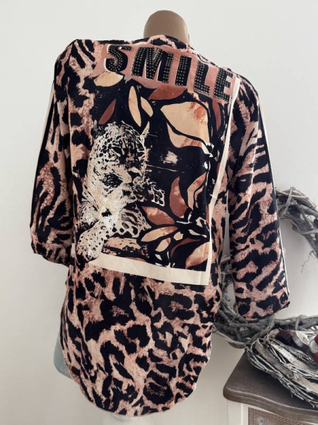MISSY L 40 Bluse Hemdbluse Tunika Animalprint schwarz Smile Leopard Glitzer Nieten NEU