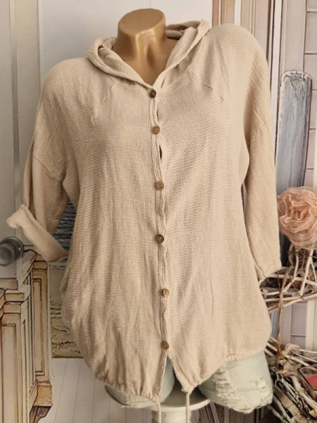 Jacke / Tunika Kapuze beige Musselin Baumwolle 36 38 40 42 NEU Italy