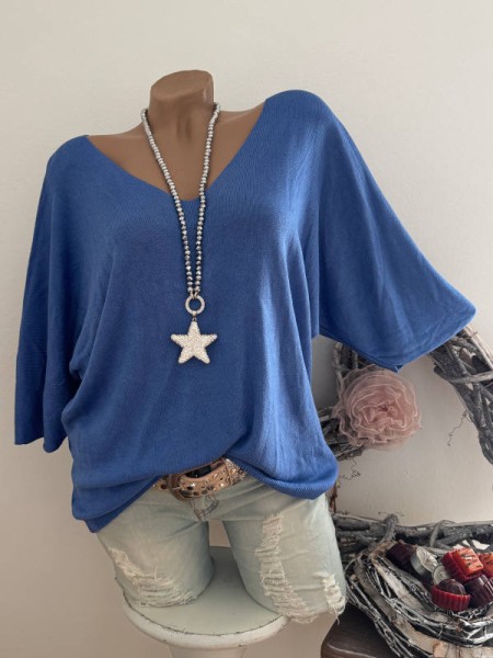 royalblau Tunika Glattstrick Pullover Oversized Italy 38-42 Fledermausarm 1/2 Arm