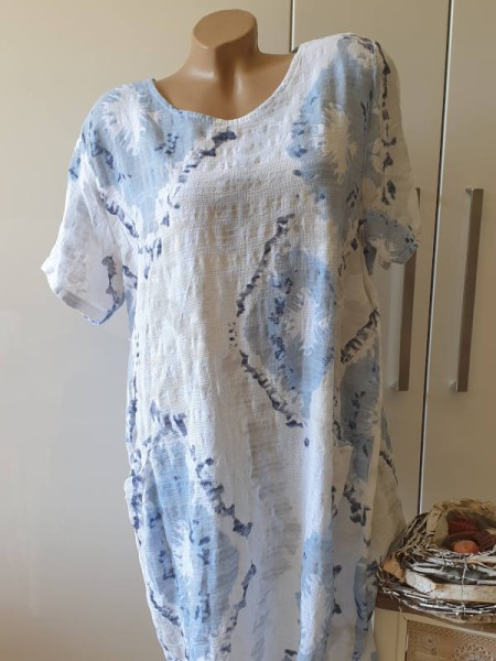 Kleid 42 44 46 Kurzarm Italy Tunika Leinen Weboptik Ballonform Batik weiss blau gemustert Taschen