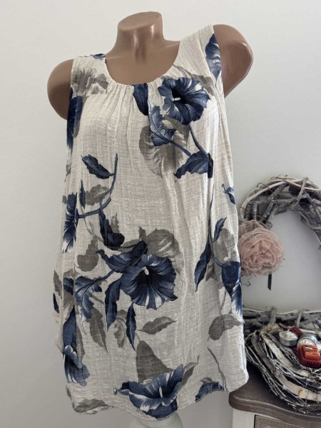 Ärmelloses Tunika Top 2-lagig 38-44 beige floral Made in Italy Musselin Baumwolle Neu