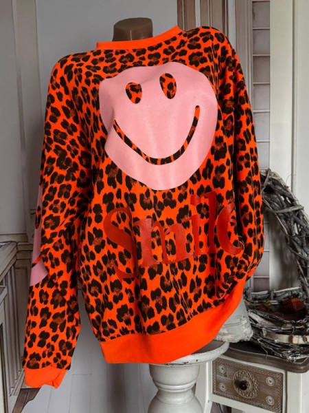 Sweatshirt NEU leo orange neon schwarz 40-44 Made in Italy Longsleeve Smile Print