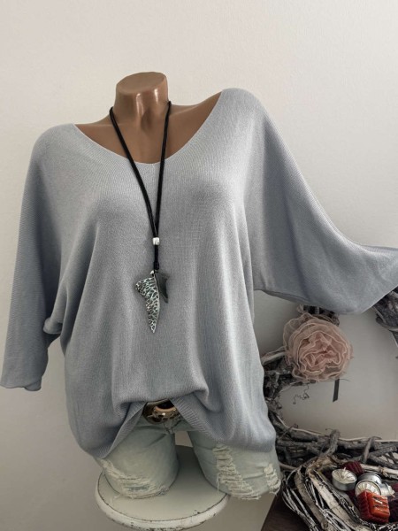 Oversized Italy 38-42 Fledermausarm hellgrau Tunika Glattstrick Pullover 1/2 Arm