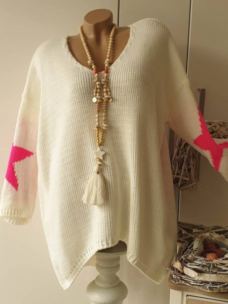 Oversized Pullover Long Pulli Vokuhila Made in Italy 38-44 weiss mit pinken Sternen