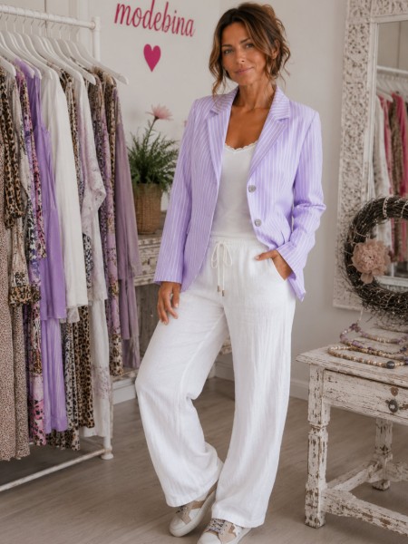 Blazer MISSY M 38 Fashiongirl lila flieder weiss gestreift Kurzblazer Glitzer Neu