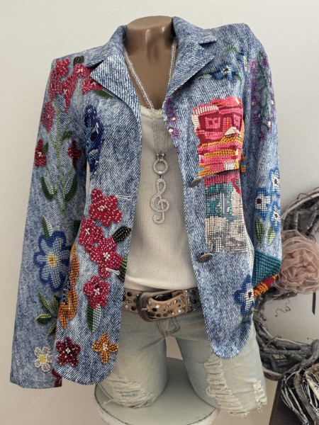 MISSY Blazer M 38 Neue Kollektion Jackett Glitzer Steinchen Jeansoptik Perlenstickerei Print Glitzer
