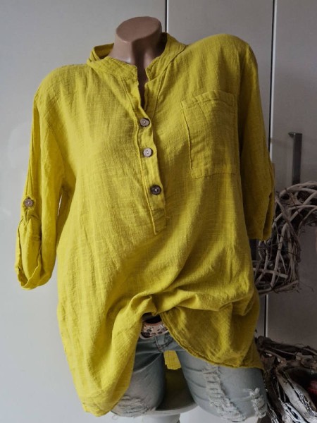 Tunika Bluse gelb Hemdbluse Made in Italy 36-42 Musselin Leinenoptik