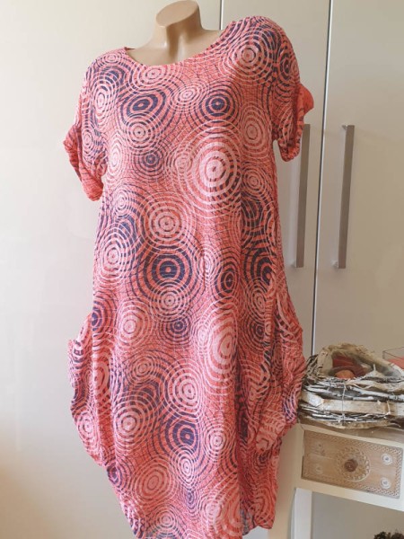 Kleid Ballonform mit Taschen Made in Italy coralle gemustert Baumwolle 40-44 Kurzarm Tunika