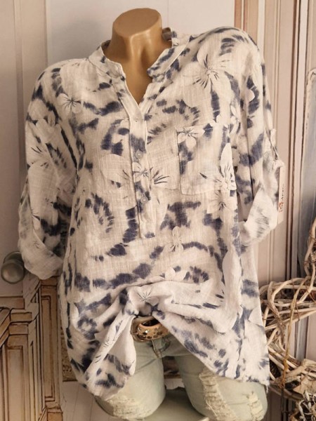 Musselin Tunika Bluse gemustert 38-42 weiss Made in Italy Fischerhemd Baumwolle