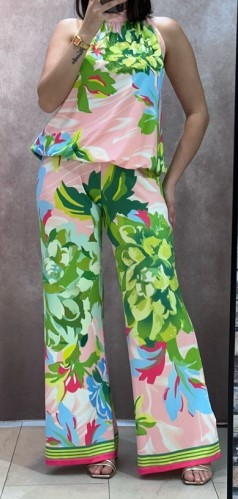 XL 42 MISSY Top Tunika Ballonform Saumende Gummizug rosa grün blau floral Glitzer hinten zum binden