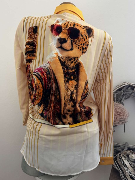 MISSY M 38 Bluse Hemdbluse gelb / stylischer Tiger Selbstporträt Neu Glitzer Steinchen