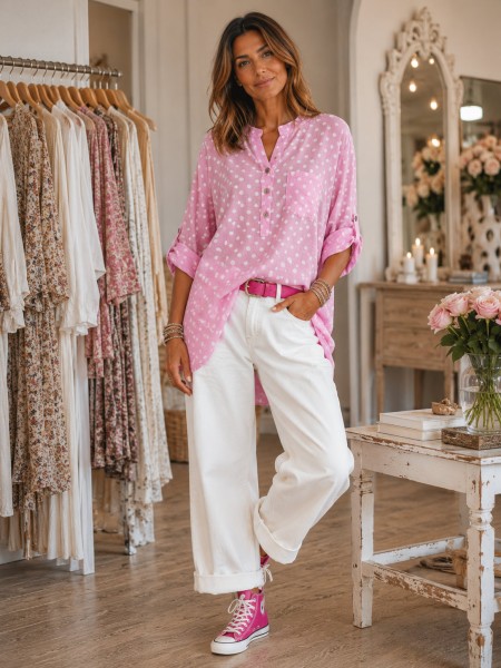 Tunika Bluse NEU Fischerhemd rosa/weiss Polka Dots 38-42 Made in Italy