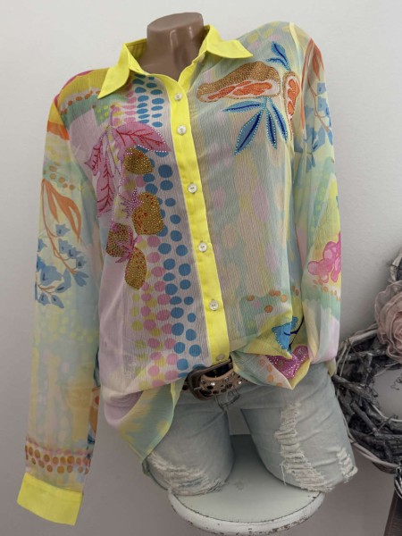 Tunika Bluse L 40 MISSY Langarm Früchte Print gelb bunt gemustert Neu Glitzer