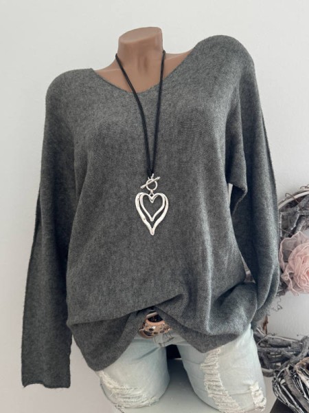 V-Neck Flausch Pullover Pulli dunkelgrau 40-44 Neu Tunika Made in Italy