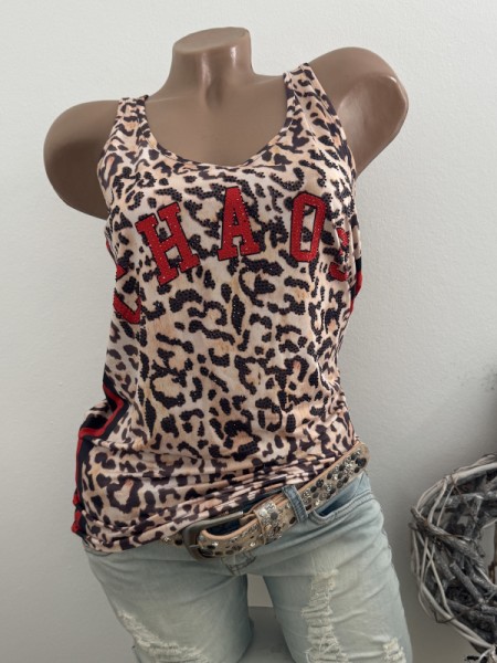 MISSY S 36 Trägertop Top Longtop Leo mit rot und schwarz Chaos Glitzer Nieten Neu