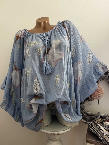 weite Ärmel himmelblau floral Tunika Bluse 38-48 Baumwolle Made in Italy