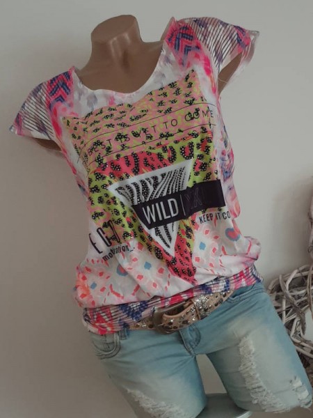 L 40 Wild Animal Leo Print MISSY Tunika Shirt Ausbrenner breites Bündchen Glitzernieten