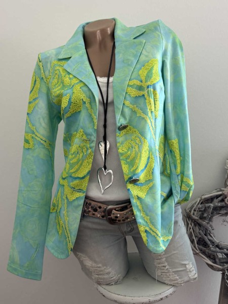 MISSY XL 42 Blazer Jackett Glitzer Steinchen mint/Limette Rosen Neu Strass Nieten