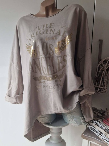 Vokuhila Sweatshirt beige Longsleeve vorne Metallic Print NEU Made in Italy 40-46