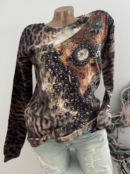 MISSY S/M 36 38 Feinstrick Pulli Pullover braun gemustert Rundhalsausschnitt Neu Glitzer Nieten