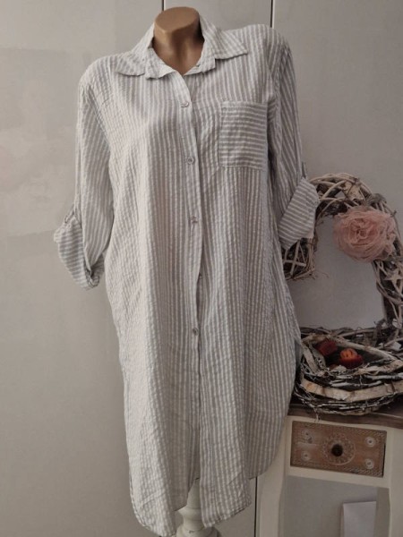 Hemdblusenkleid Long Hemdbluse Bluse Made in Italy weissgrau Leinenoptik 38-42