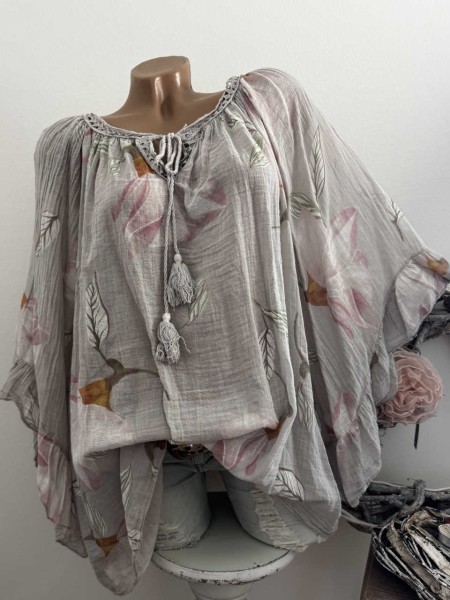 weite Ärmel schlamm floral Tunika Bluse 38-48 Baumwolle Made in Italy
