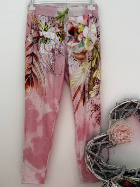 Hose Joggpants MISSY S 36 rosa floral Glitzer Nieten gemustert Glitzernieten Neu
