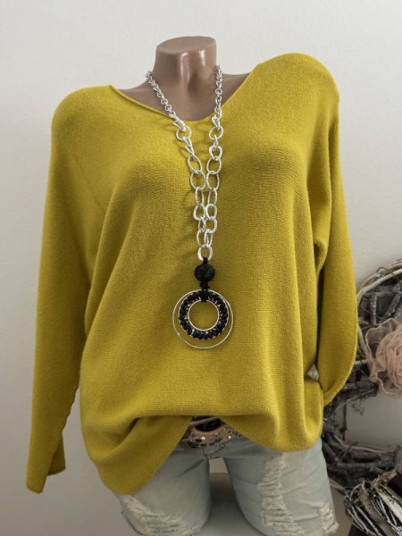 V-Neck Flausch Pullover Pulli senfgelb 40-44 Neu Tunika Made in Italy