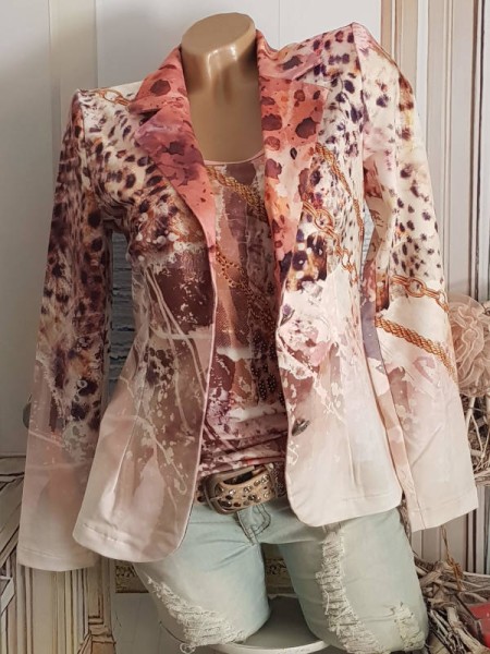 Blazer S 36 MISSY Kurzblazer Neu rosa creme weiss beige Leo Kettchen Tigermotiv Print Neu