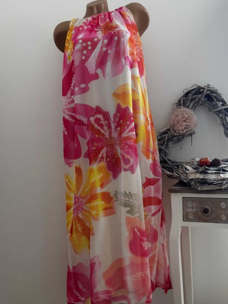 Kleid Maxikleid MISSY M 38 Ärmelloses rosa/gelb Blumen gemustert hinten zum binden 2lagig unterfütte