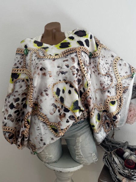 MISSY Feinstrick Tunika Fledermausarm 38-44 wollweiss grün Kettchenprint Neu Glitzer Nieten