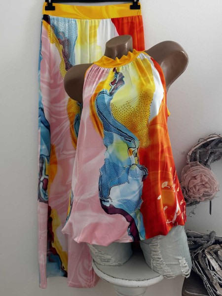 M 38 MISSY Top Tunika Ballonform Saumende Gummizug blau gelb orange orange bunt Glitzer hinten zum b