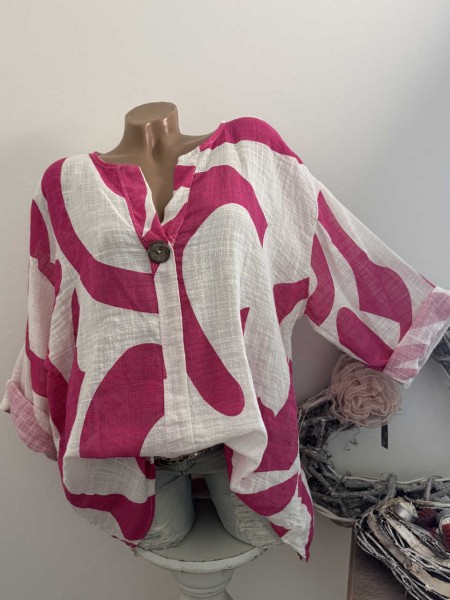 Oversized Bluse Tunika Baumwolle grosser Knopf weiss/pink gemustert 40-46 Made in Italy NEU