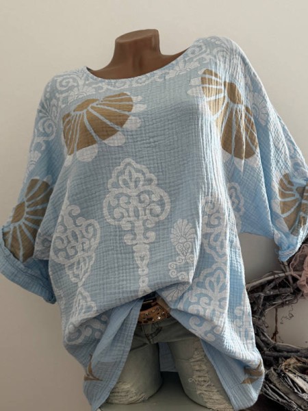 Bluse Tunika hellblau gemustert Musselin Baumwolle Made in Italy Neu 40-44