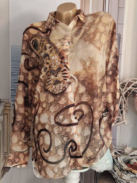 L 40 MISSY Bluse Tunika zum Knöpfen Hemdbluse beige/goldton Glitzer Tiger Glitzer NEU