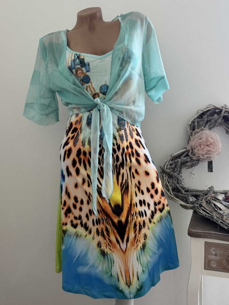 Kleid MISSY M 38 2teilig Trägerkleid mit separatem Jäckchen türkis Animal bunt Glitzer