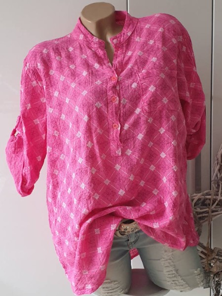 Tunika Bluse Made in Italy Fischerhemd Musselin Leinenoptik pink gemustert 38-42 Hemdbluse Baumwolle