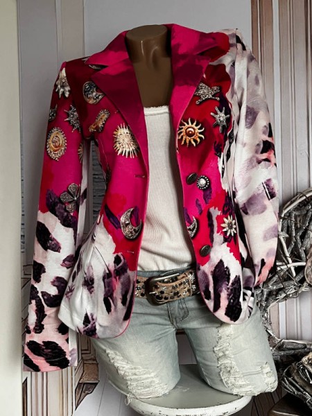 Blazer MISSY M 38 Kurzblazer Neu pink Leo Sonne Blumen Broschenprint Glitzer Nieten