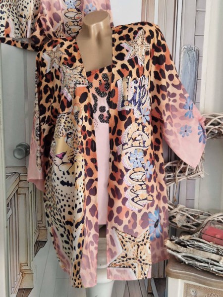 MISSY 3Teiler L 40 Tunnelzug Shorts/ Hose Top und Cardigan Jacke Tiger rosa Glitzer Neu