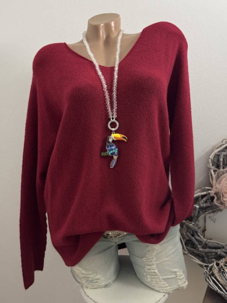 V-Neck Flausch Pullover Pulli bordeaux 40-44 Neu Tunika Made in Italy
