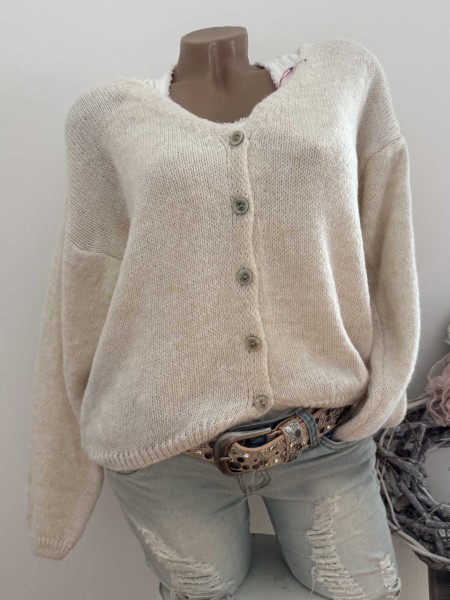 Strickjacke 36-42 Cardigan creme beige Knopfleiste Ärmel überschnitten Made in Italy